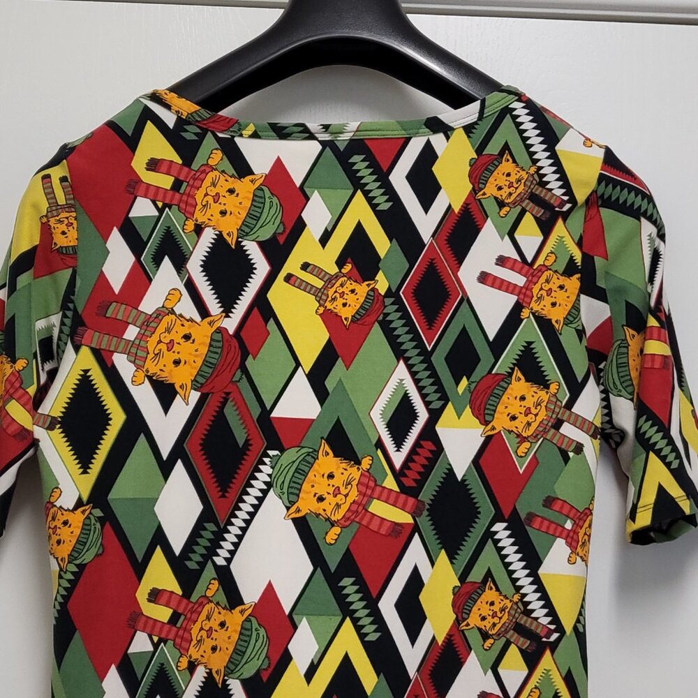 LuLaRoe Womens Top Large Holiday Christmas Cat Print Short Sleeve Stretch - Picture 7 of 11